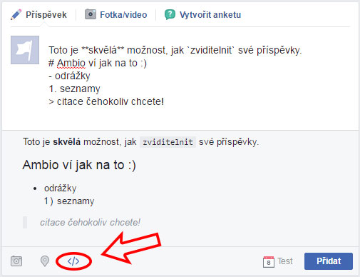 Příklad formátování příspěvku na Facebooku